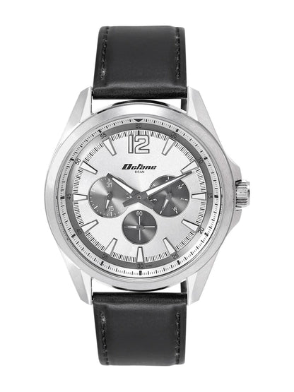 Titan Round Silver-Toned Dial Analog Watch With Day-Date Display & Leather Strap - NP90124SL01