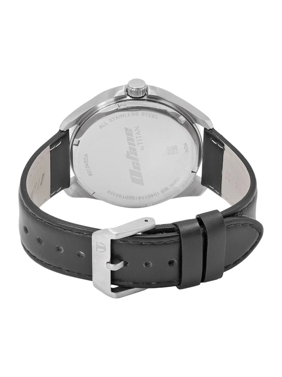Titan Round Silver-Toned Dial Analog Watch With Day-Date Display & Leather Strap - NP90124SL01