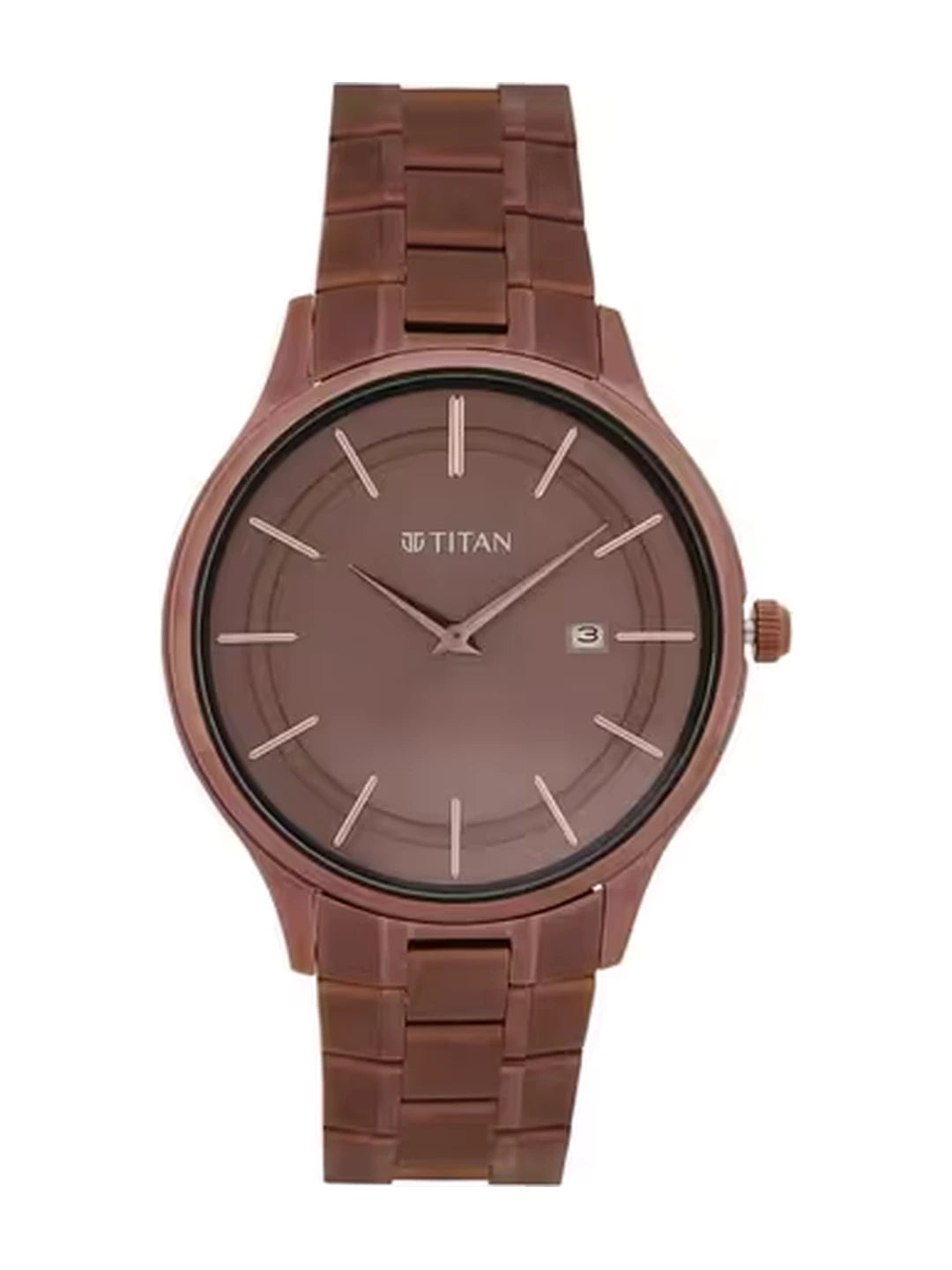 Titan Round Brown Dial Analog Watch With Day & Date Display & Metal Strap  - NT90142QM05