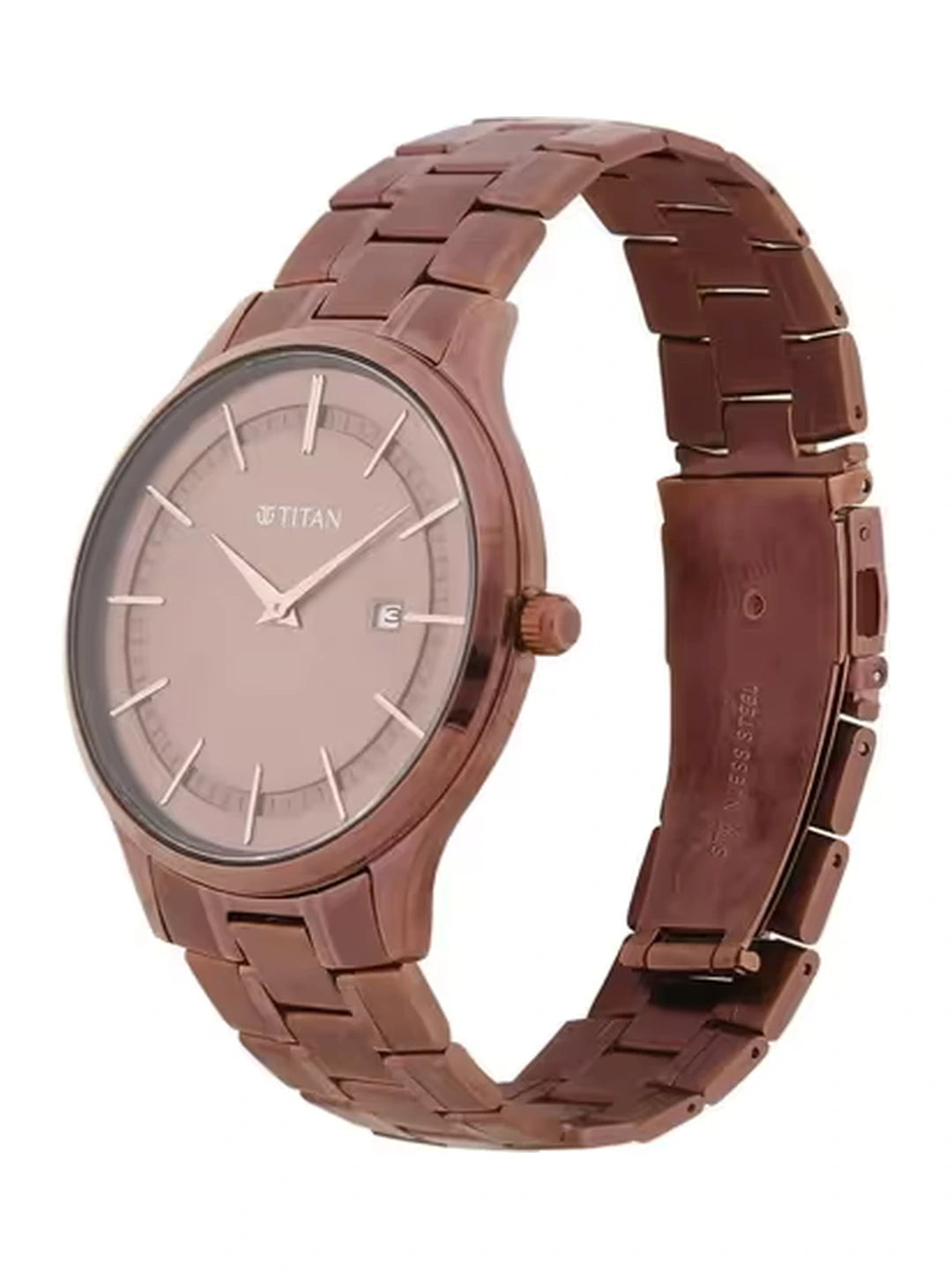 Titan Round Brown Dial Analog Watch With Day & Date Display & Metal Strap  - NT90142QM05