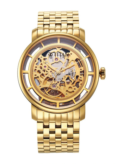 Titan Mechanical Slimline Automatic With Golden Dial Watch - NT90158YM01