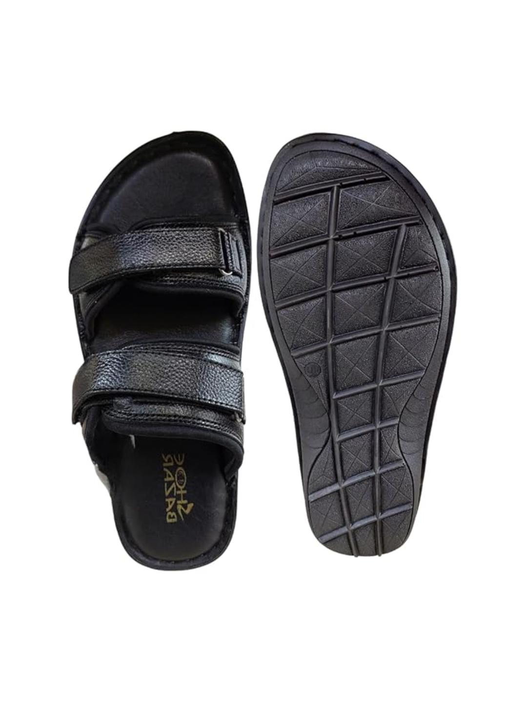 Shoe Bazar Black Genuine Leather Slippers with Velcro for Men
