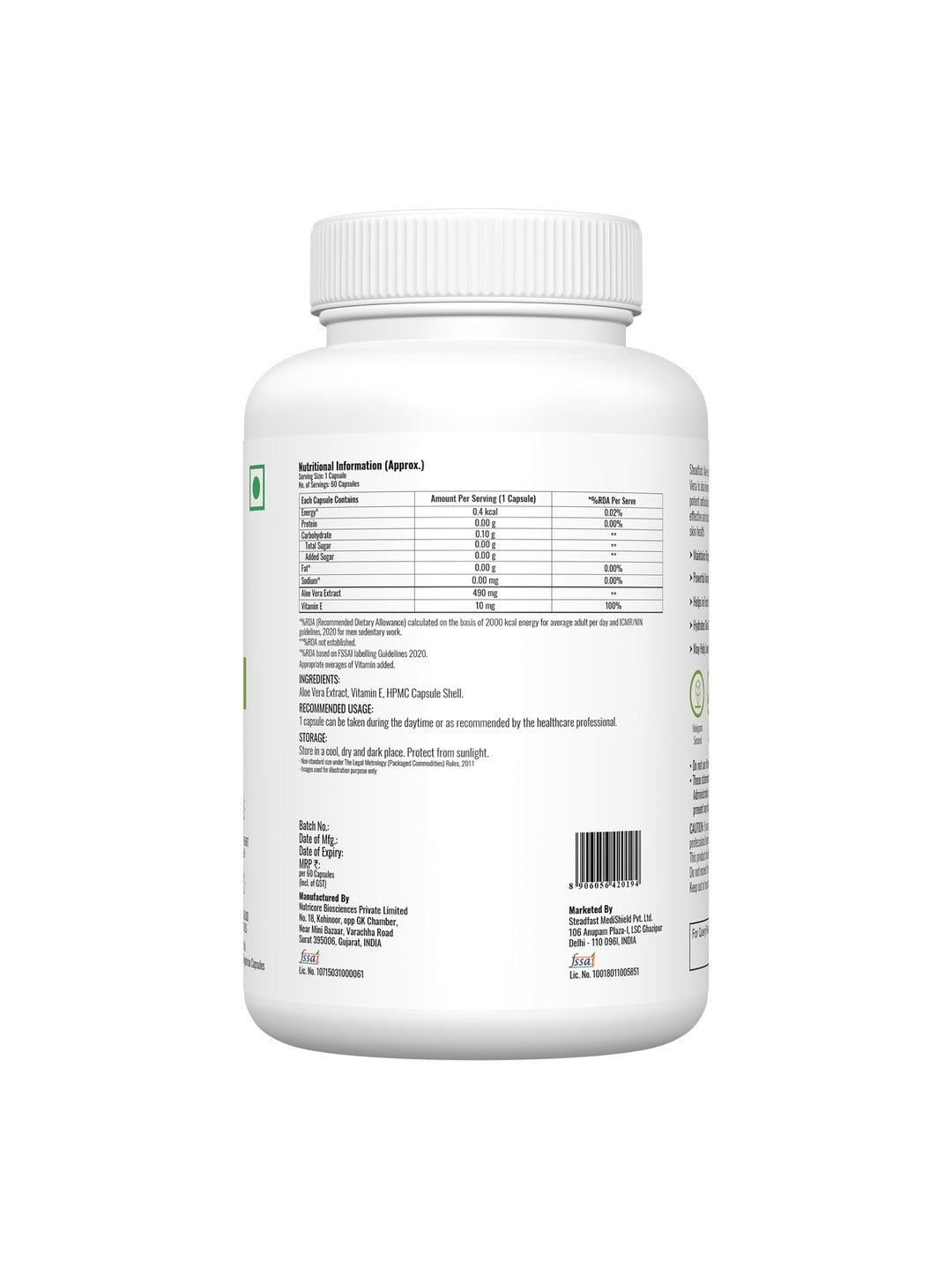 Steadfast Nutrition Aloe Vera for Healthy Skin & Hair (60 Capsules)