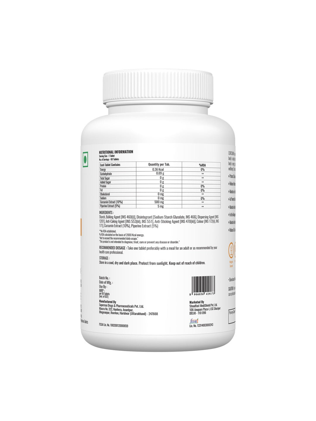 Steadfast Nutrition Curcumin Piperine Supplement (60 Tablets)