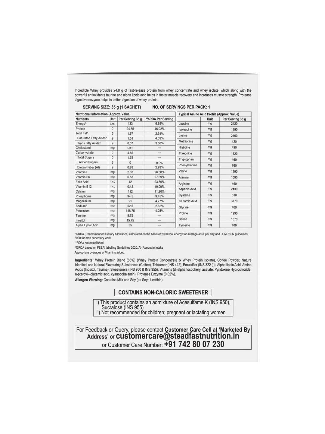 Steadfast Nutrition Incredible Whey Protein - Coffee (30 Sachets)
