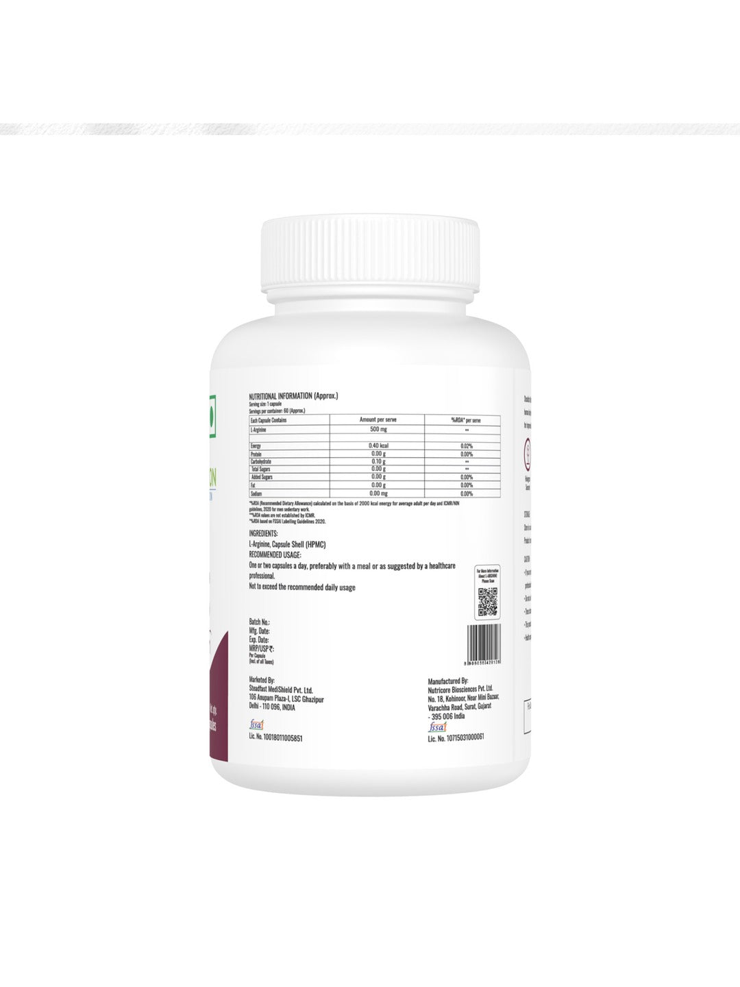 Steadfast Nutrition L-Arginine 500 mg Supplement (60 Capsules)