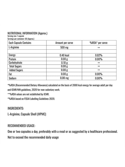 Steadfast Nutrition L-Arginine 500 mg Supplement (60 Capsules)
