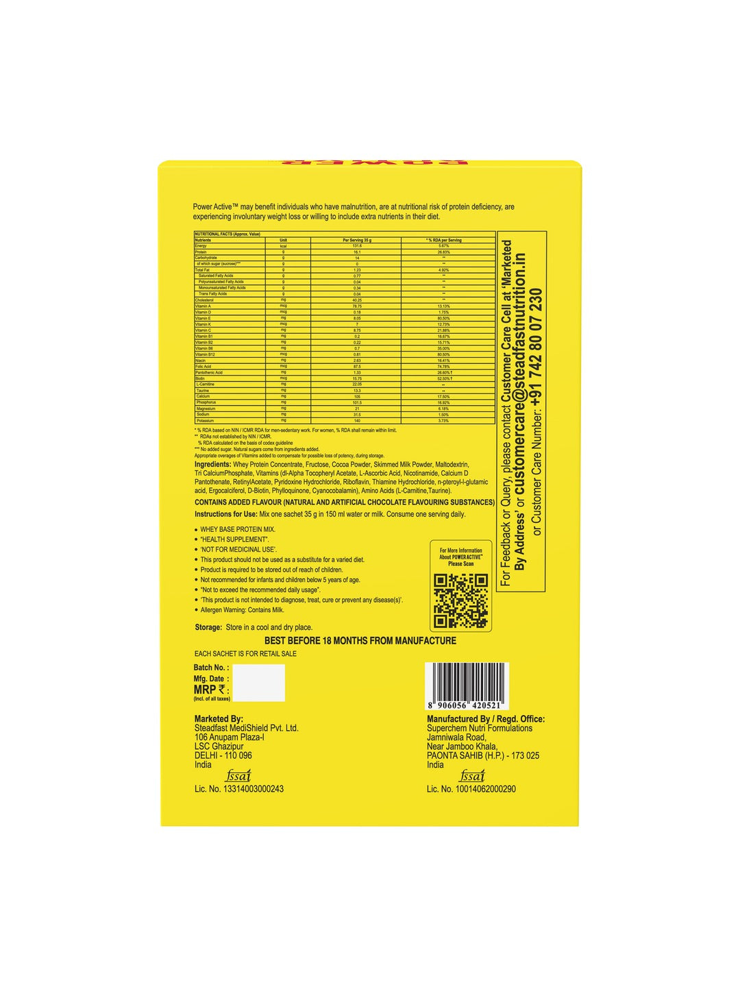 Steadfast Nutrition Power Active Whey Concentrate - Chocolate (6 Sachets)