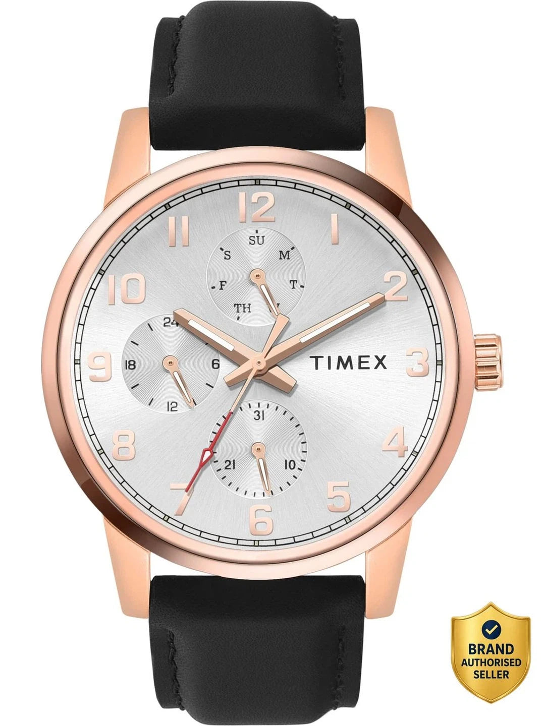 Timex Round Silver Dial Multifunction Watch With Black Leather Strap  - TWEG18908