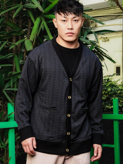 House Of Koala Black Textured Self Design V-Neck Knitted Cardigan