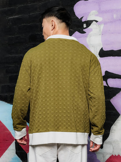 House Of Koala Olive Textured & Self Design V-Neck Knitted Cardigan