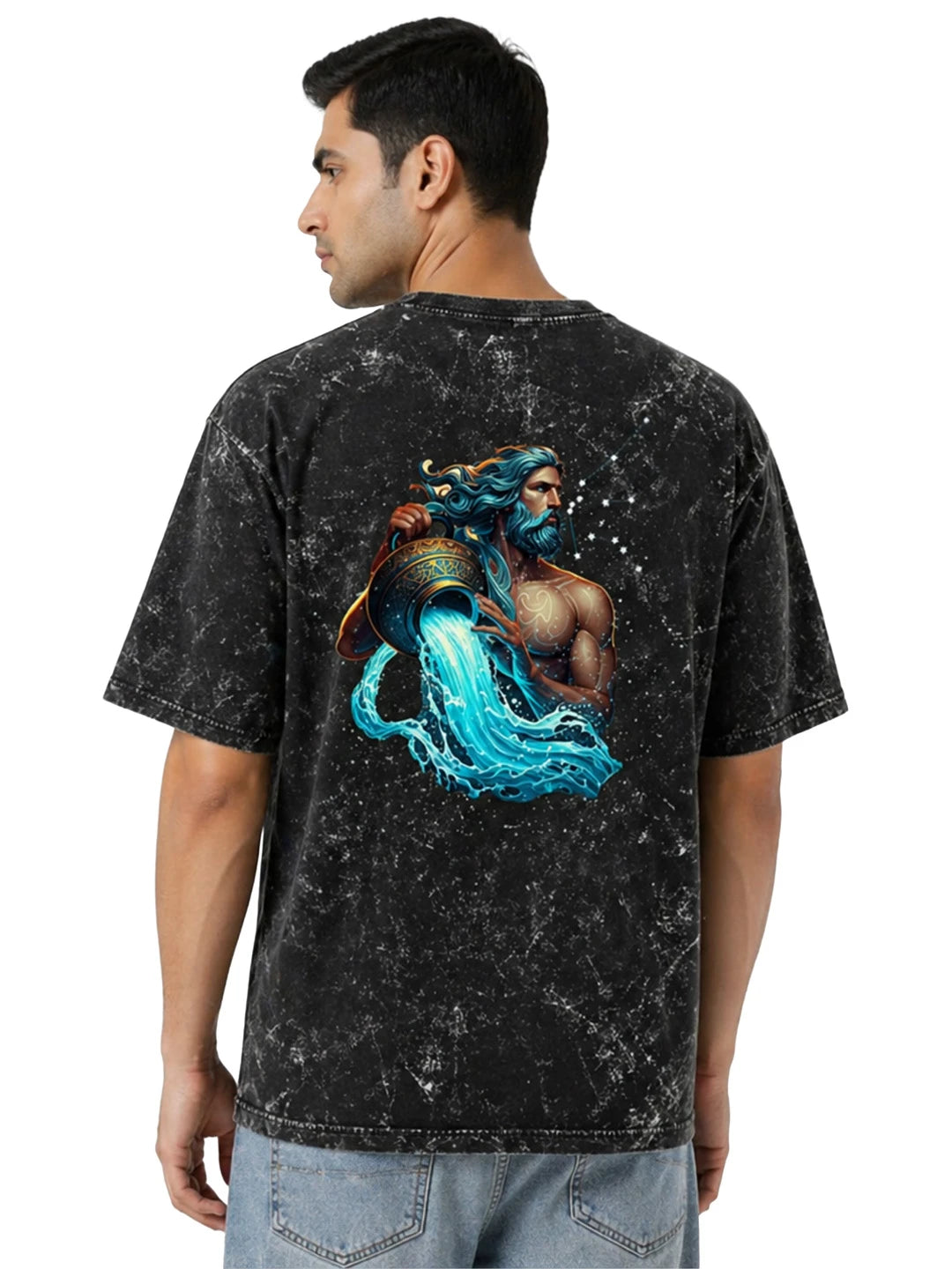 Arya Black Oversized Zodiac Aquarius Print Half Sleeve Cotton T-Shirt