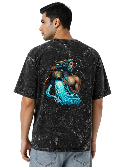 Arya Black Oversized Zodiac Aquarius Print Half Sleeve Cotton T-Shirt