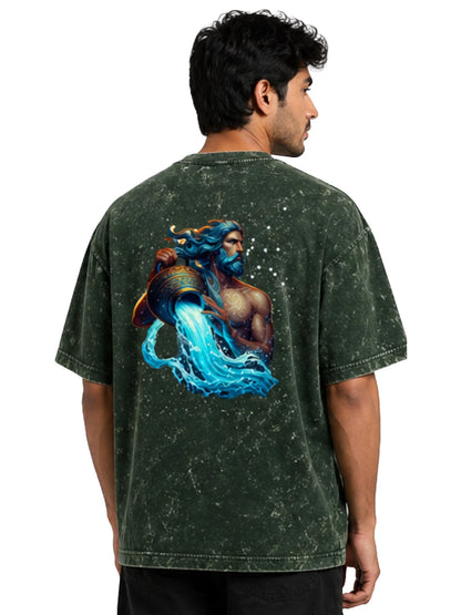 Arya Bottle Green Oversized Zodiac Aquarius Print Half Sleeve Cotton T-Shirt