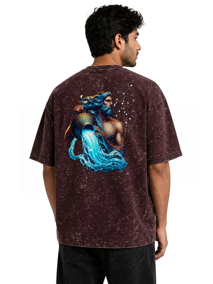 Arya Maroon Oversized Zodiac Aquarius Print Half Sleeve Cotton T-Shirt