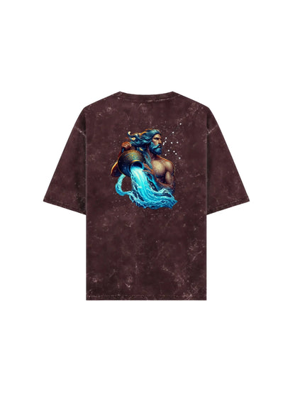 Arya Maroon Oversized Zodiac Aquarius Print Half Sleeve Cotton T-Shirt