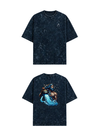 Arya Navy Blue Oversized Zodiac Aquarius Print Half Sleeve Cotton T-Shirt