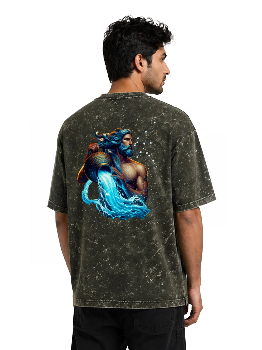 Arya Olive Green Oversized Zodiac Aquarius Print Half Sleeve Cotton T-Shirt