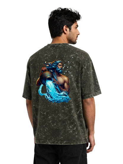 Arya Olive Green Oversized Zodiac Aquarius Print Half Sleeve Cotton T-Shirt