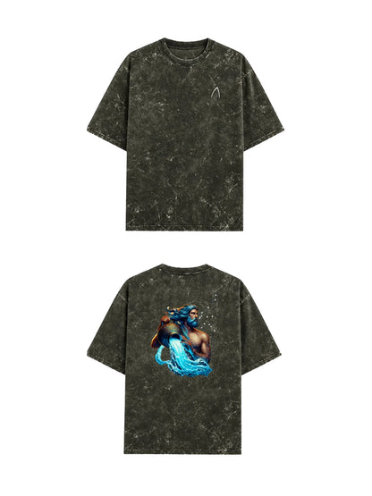 Arya Olive Green Oversized Zodiac Aquarius Print Half Sleeve Cotton T-Shirt