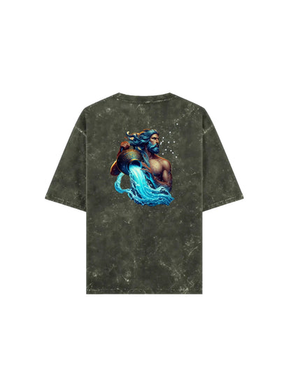 Arya Olive Green Oversized Zodiac Aquarius Print Half Sleeve Cotton T-Shirt