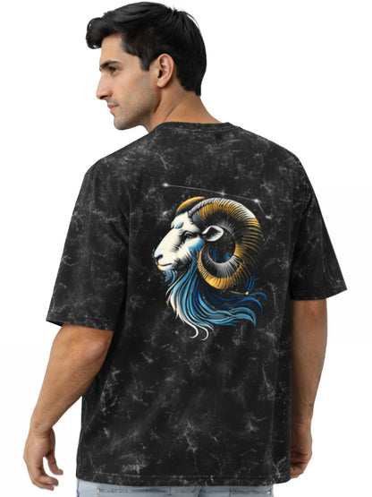 Arya Black Oversized Zodiac Aries Print Half Sleeve Cotton T-Shirt