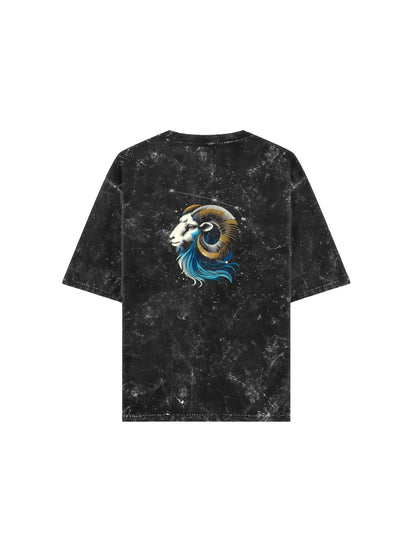 Arya Black Oversized Zodiac Aries Print Half Sleeve Cotton T-Shirt
