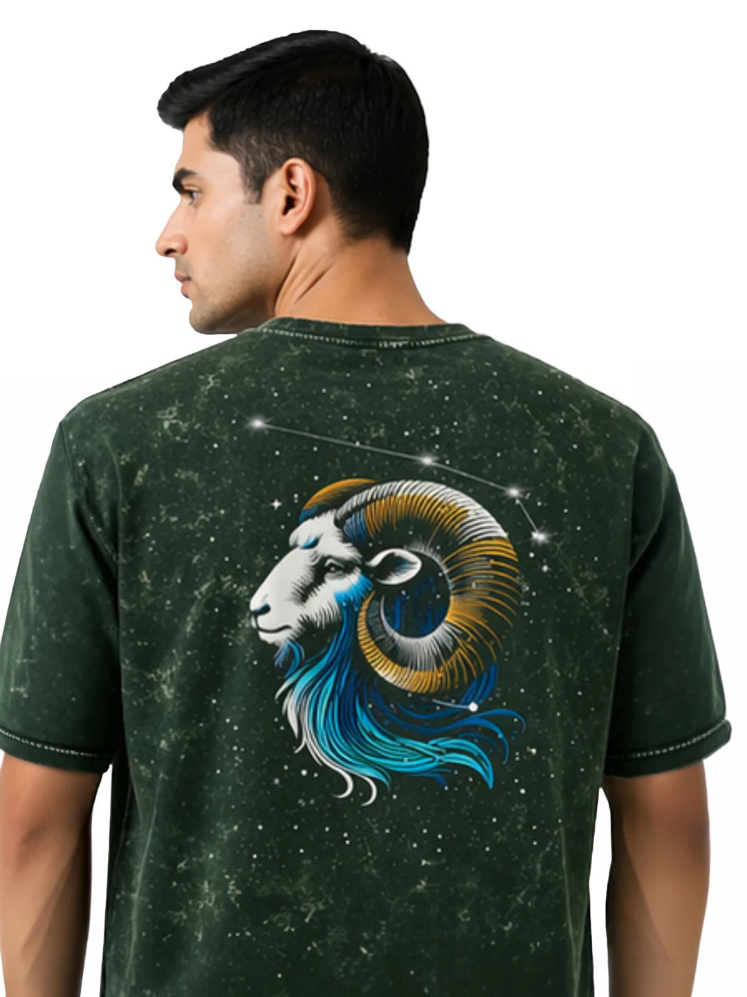 Arya Bottle Green Oversized Zodiac Aries Print Half Sleeve Cotton T-Shirt