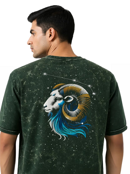 Arya Bottle Green Oversized Zodiac Aries Print Half Sleeve Cotton T-Shirt