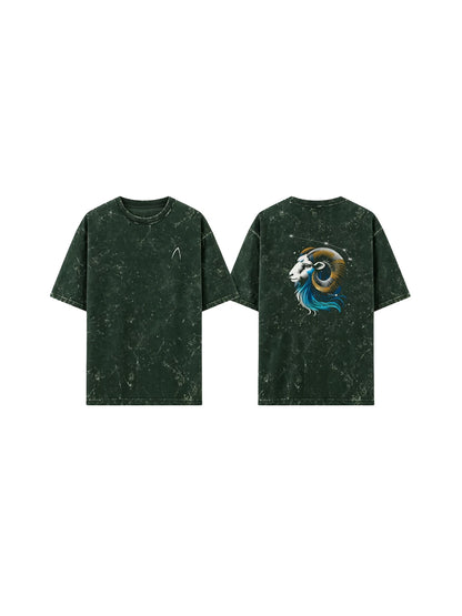 Arya Bottle Green Oversized Zodiac Aries Print Half Sleeve Cotton T-Shirt