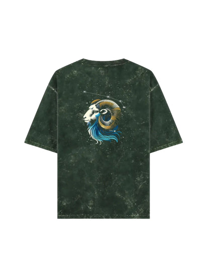 Arya Bottle Green Oversized Zodiac Aries Print Half Sleeve Cotton T-Shirt