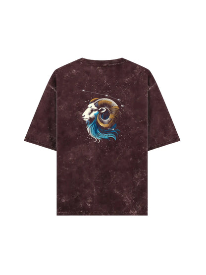Arya Maroon Oversized Zodiac Aries Print Half Sleeve Cotton T-Shirt