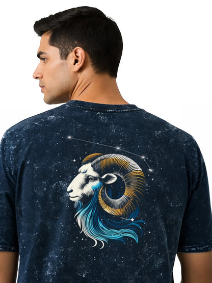 Arya Navy Blue Oversized Zodiac Aries Print Half Sleeve Cotton T-Shirt