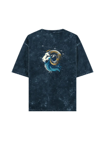 Arya Navy Blue Oversized Zodiac Aries Print Half Sleeve Cotton T-Shirt