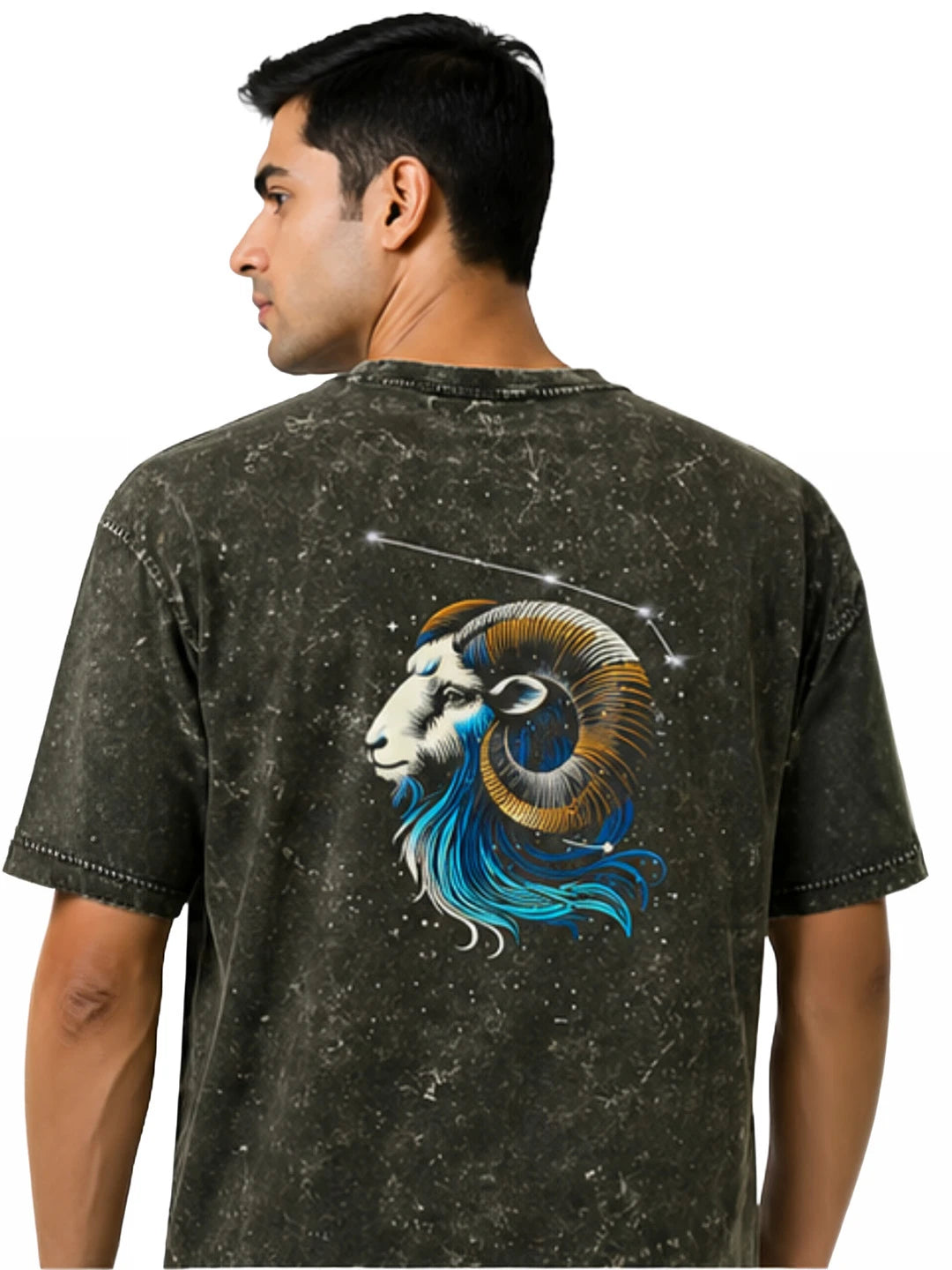 Arya Olive Green Oversized Zodiac Aries Print Half Sleeve Cotton T-Shirt