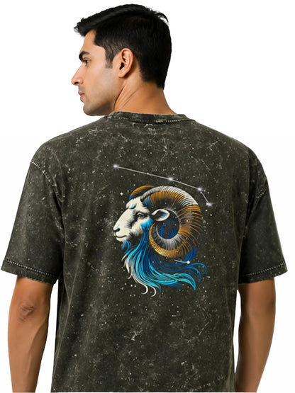 Arya Olive Green Oversized Zodiac Aries Print Half Sleeve Cotton T-Shirt