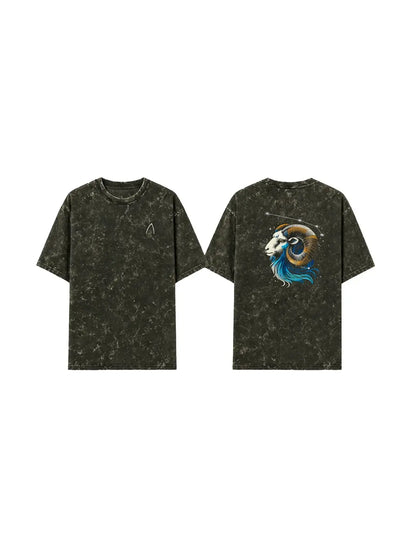 Arya Olive Green Oversized Zodiac Aries Print Half Sleeve Cotton T-Shirt
