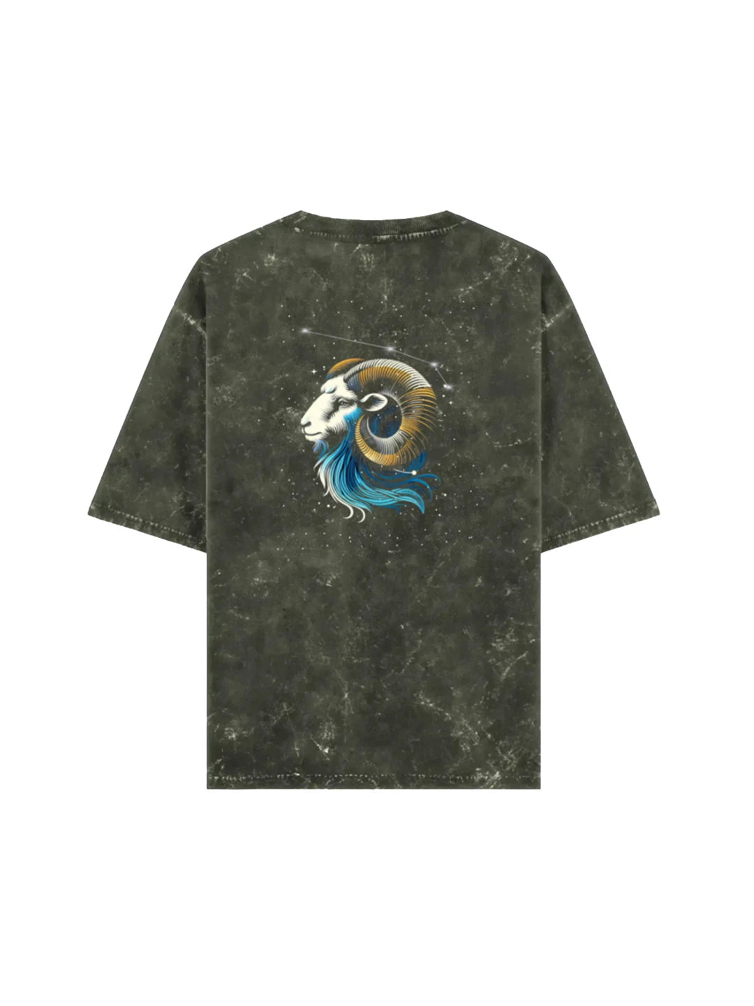 Arya Olive Green Oversized Zodiac Aries Print Half Sleeve Cotton T-Shirt