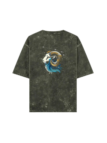Arya Olive Green Oversized Zodiac Aries Print Half Sleeve Cotton T-Shirt