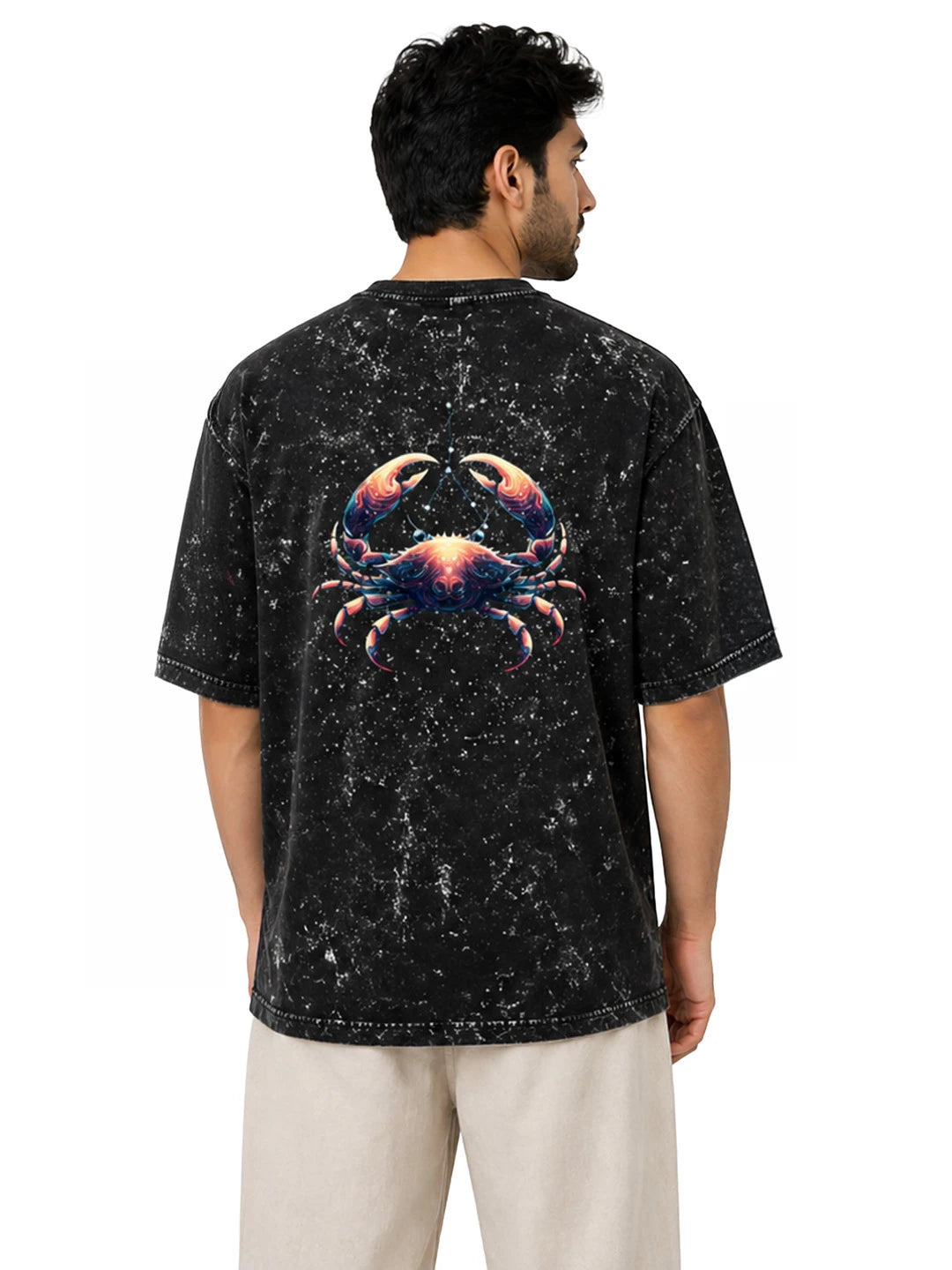 Arya Black Oversized Zodiac Cancer Print Half Sleeve Cotton T-Shirt