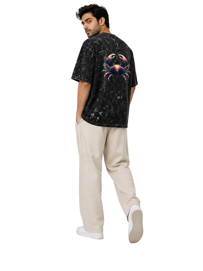 Arya Black Oversized Zodiac Cancer Print Half Sleeve Cotton T-Shirt
