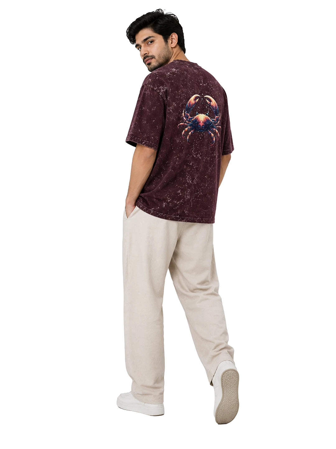 Arya Maroon Oversized Zodiac Cancer Print Half Sleeve Cotton T-Shirt