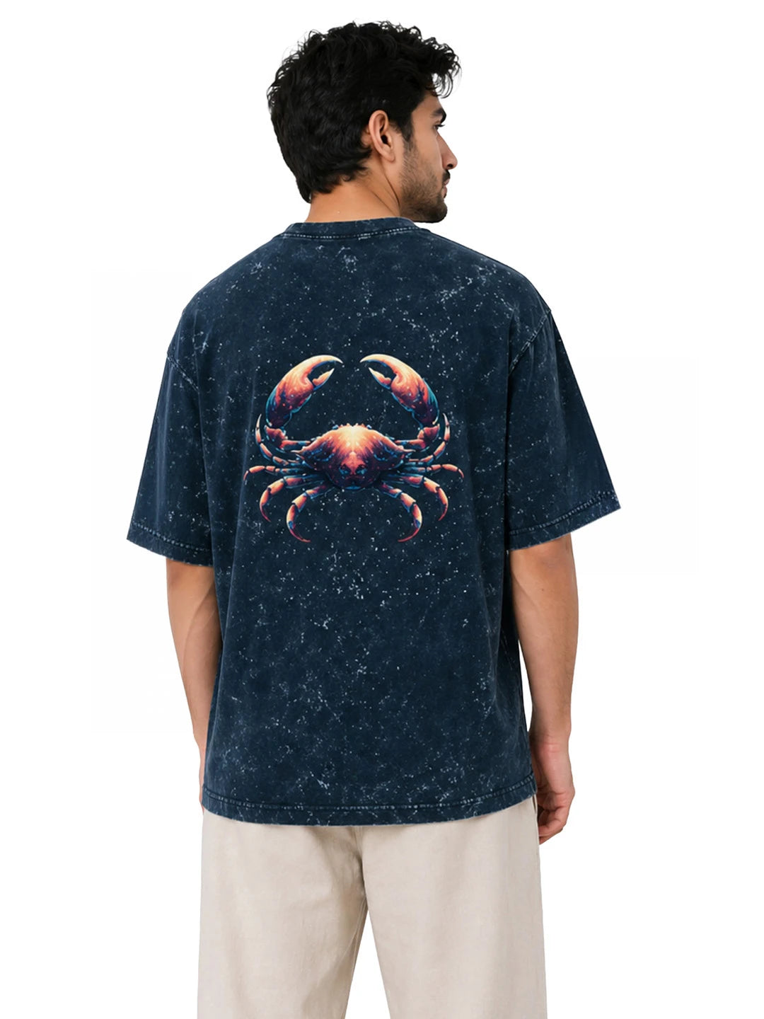Arya Navy Blue Oversized Zodiac Cancer Print Half Sleeve Cotton T-Shirt