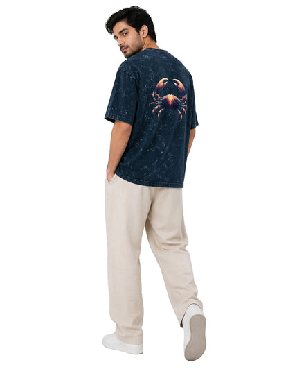 Arya Navy Blue Oversized Zodiac Cancer Print Half Sleeve Cotton T-Shirt