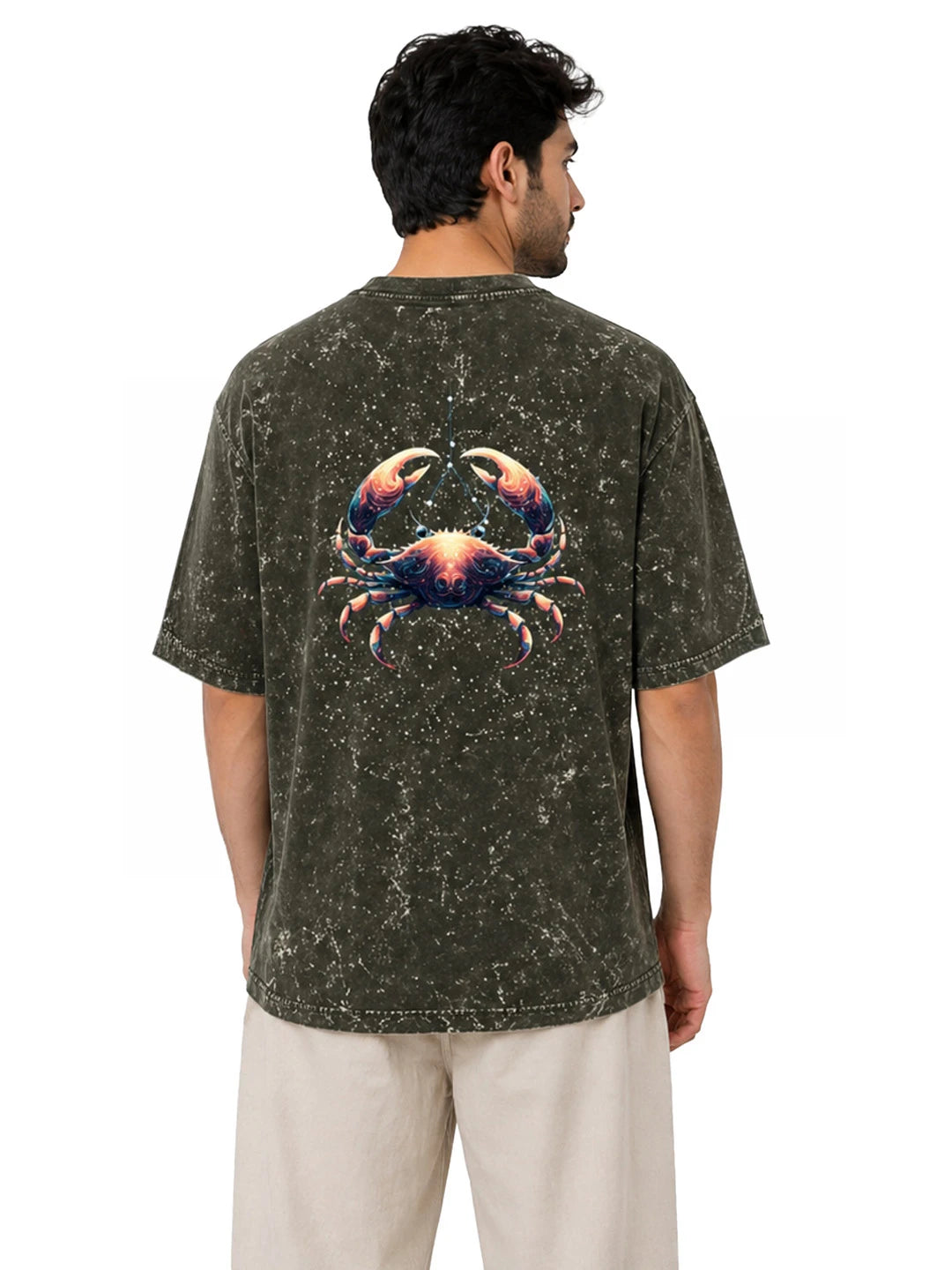 Arya Olive Green Oversized Zodiac Cancer Print Half Sleeve Cotton T-Shirt