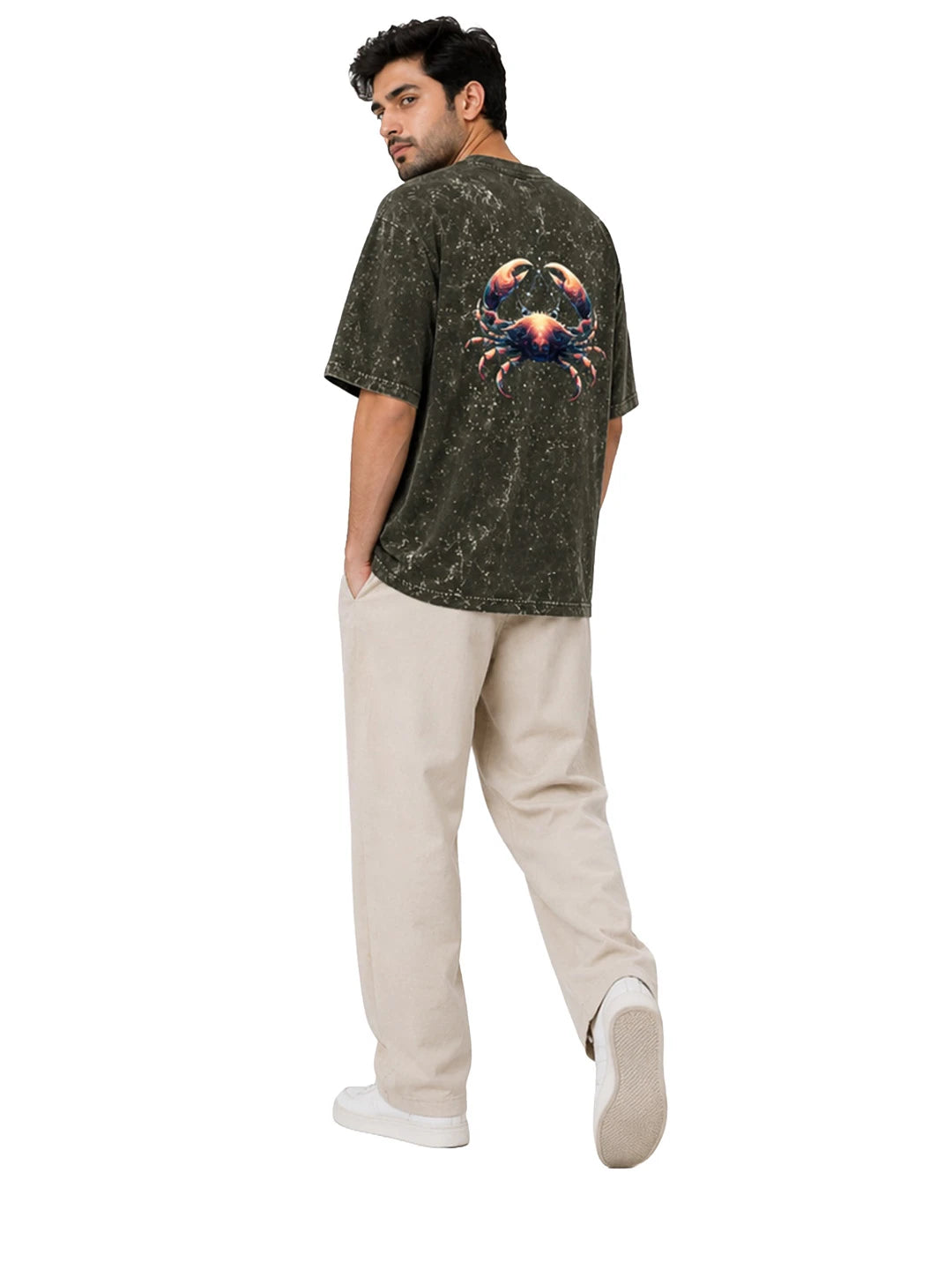 Arya Olive Green Oversized Zodiac Cancer Print Half Sleeve Cotton T-Shirt