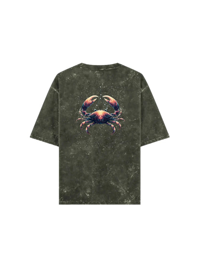 Arya Olive Green Oversized Zodiac Cancer Print Half Sleeve Cotton T-Shirt