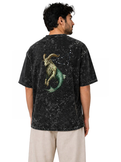 Arya Black Oversized Zodiac Capricorn Print Half Sleeve Cotton T-Shirt