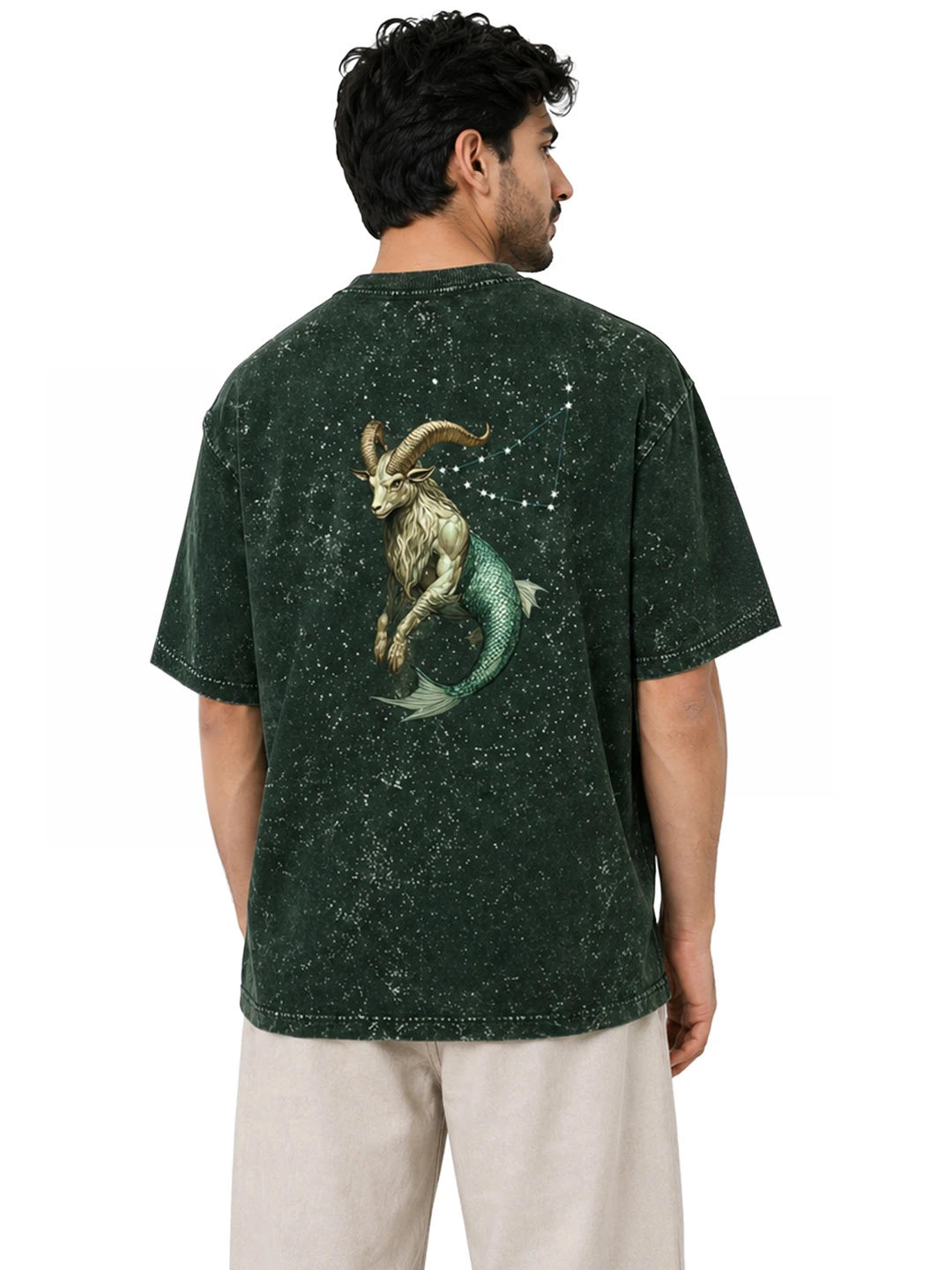 Arya Bottle Green Oversized Zodiac Capricorn Print Half Sleeve Cotton T-Shirt