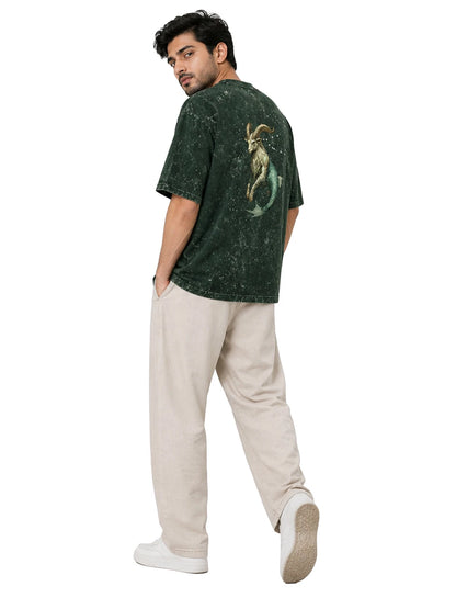 Arya Bottle Green Oversized Zodiac Capricorn Print Half Sleeve Cotton T-Shirt